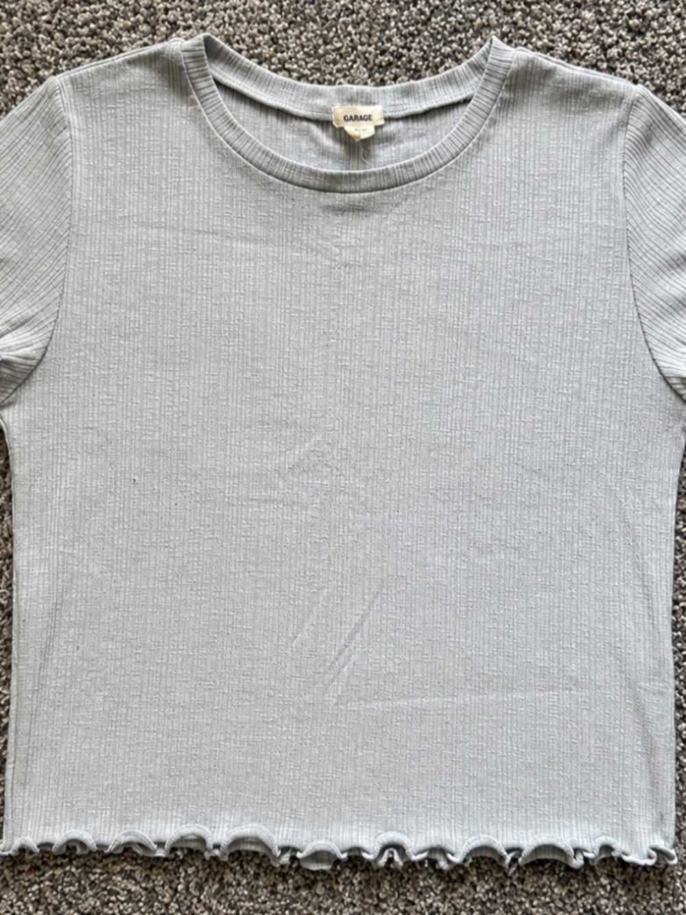 Garage Ribbed Crop Top Women’s Medium Blue Gray Lettuce Hem Short Sleeve
